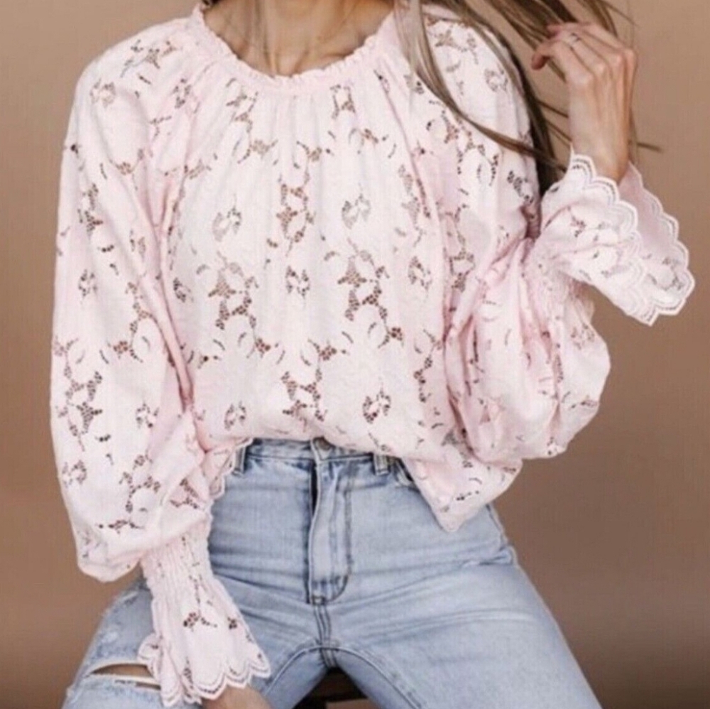 Free People Olivia Lace Top Pink Long Sleeve Size Medium - Picture 2 of 6